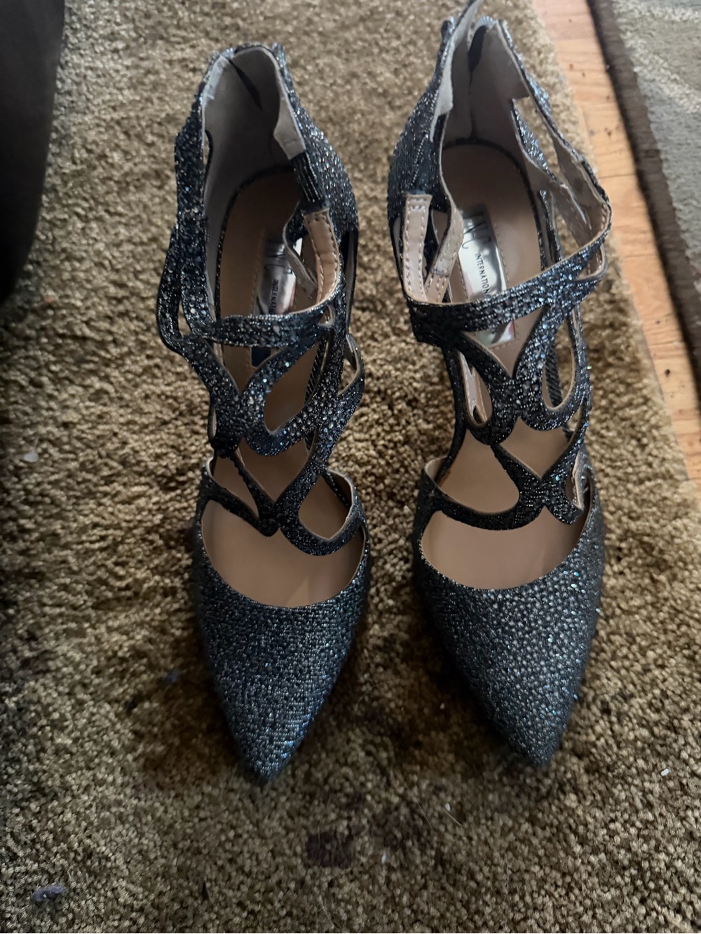 INC International Concepts Black Glitter Strappy Pointed Toe Heels